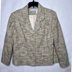 Alfred Dunner Petite Womens 16P Tweed Blazer Jacket Tan Green Plaid Professional